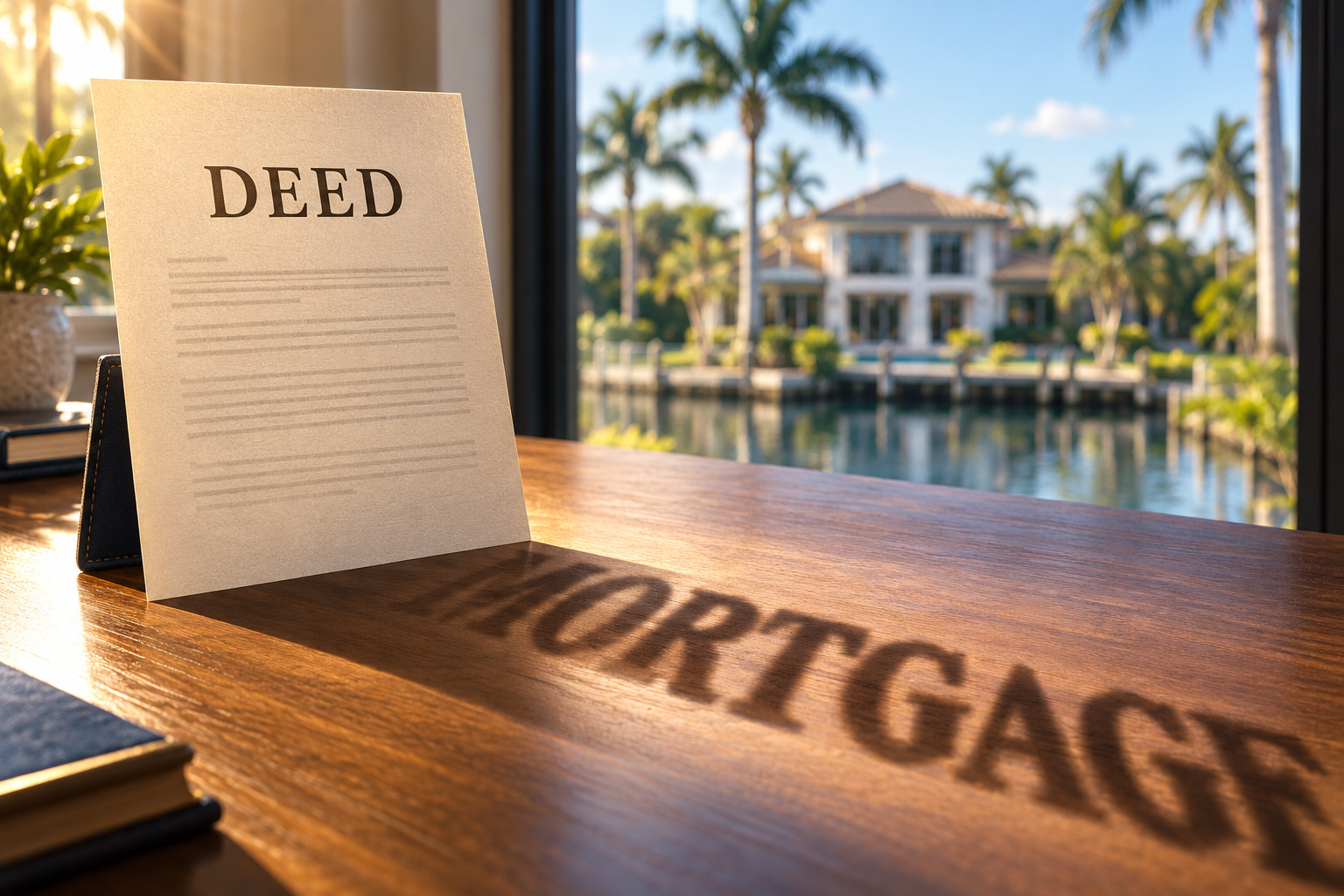 Conceptual image of a deed casting a shadow spelling MORTGAGE across a desk, with a Florida home in the background.